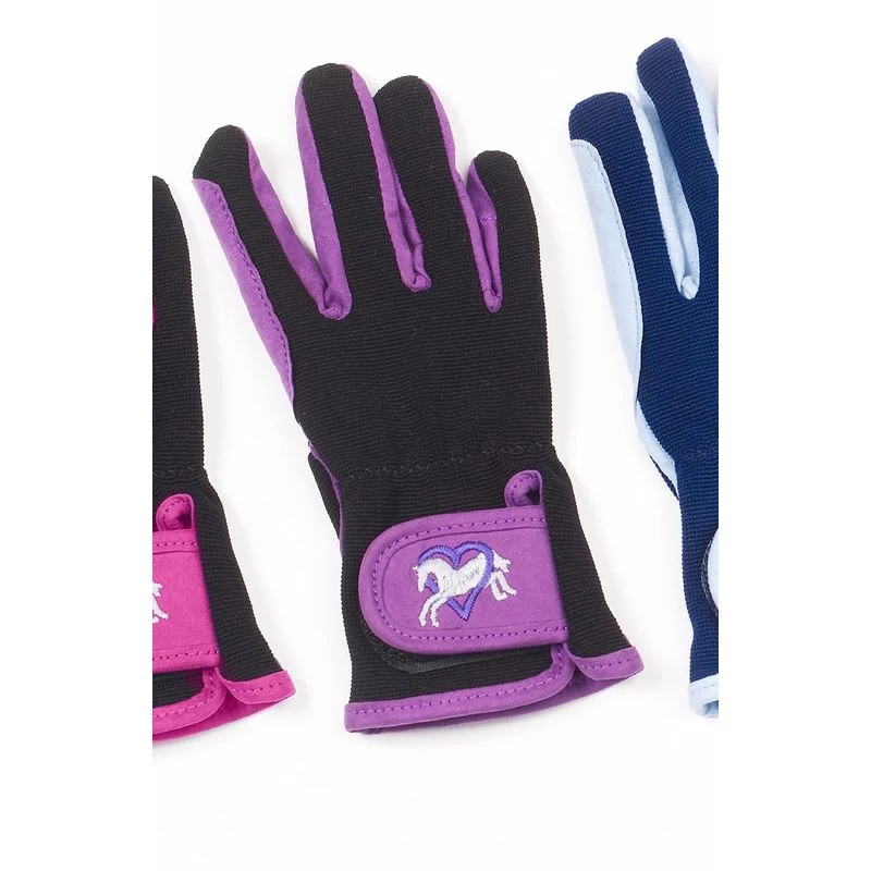 Ovation Kids' Hearts & Horses Gloves - Purple/Black 3 Ovation Kids' Hearts & Horses Gloves - Purple/Black