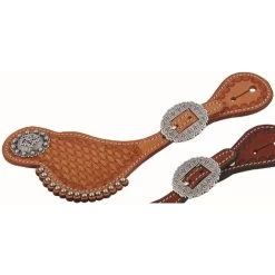 Western Rawhide Country Legend Shaped Basket Tooling Spur Straps With Steel Dots - Golden Tan
