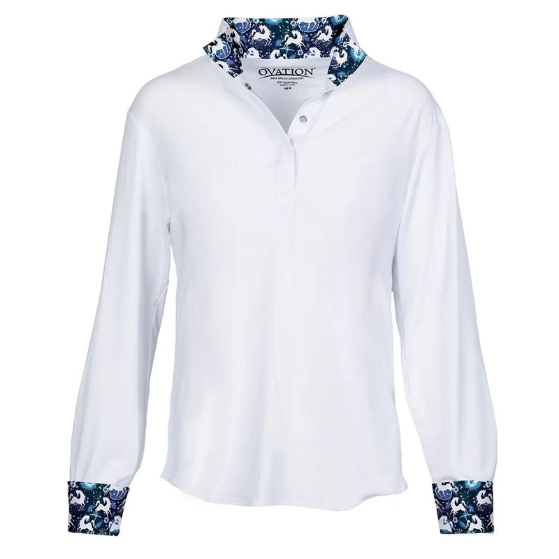 Ovation Kids' Ellie Quarter Snap Show Shirt - White/Blue Whims Horses 3 Ovation Kids' Ellie Quarter Snap Show Shirt - White/Blue Whims Horses