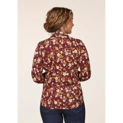 EQL Women's Ruched Button Front Long Sleeve Shirt - Sangria Snaffle Floral -Equestrian Equipment 698682 800 800